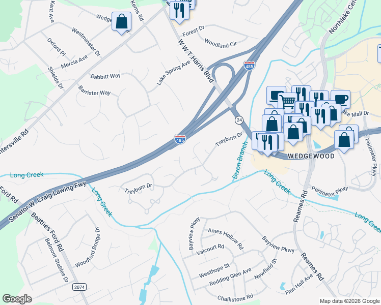 map of restaurants, bars, coffee shops, grocery stores, and more near 9201 Rotherham Lane in Charlotte