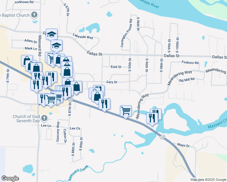 map of restaurants, bars, coffee shops, grocery stores, and more near 9204 Gary Street in Fort Smith
