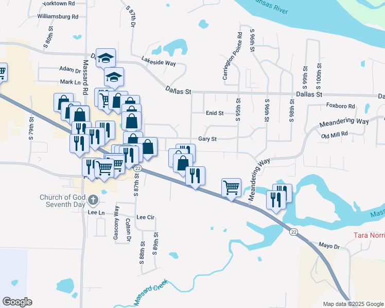 map of restaurants, bars, coffee shops, grocery stores, and more near 9016 South Houston Street in Fort Smith