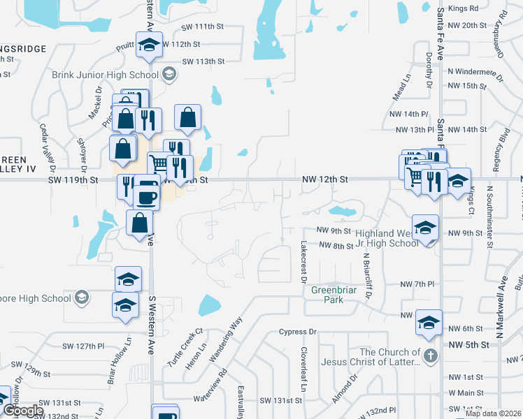 map of restaurants, bars, coffee shops, grocery stores, and more near 12033 Garden Drive in Oklahoma City