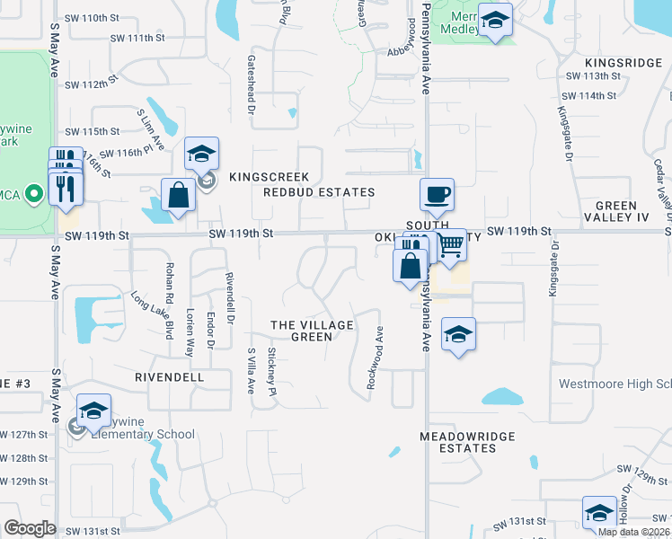map of restaurants, bars, coffee shops, grocery stores, and more near 12108 Greenlawn Avenue in Oklahoma City
