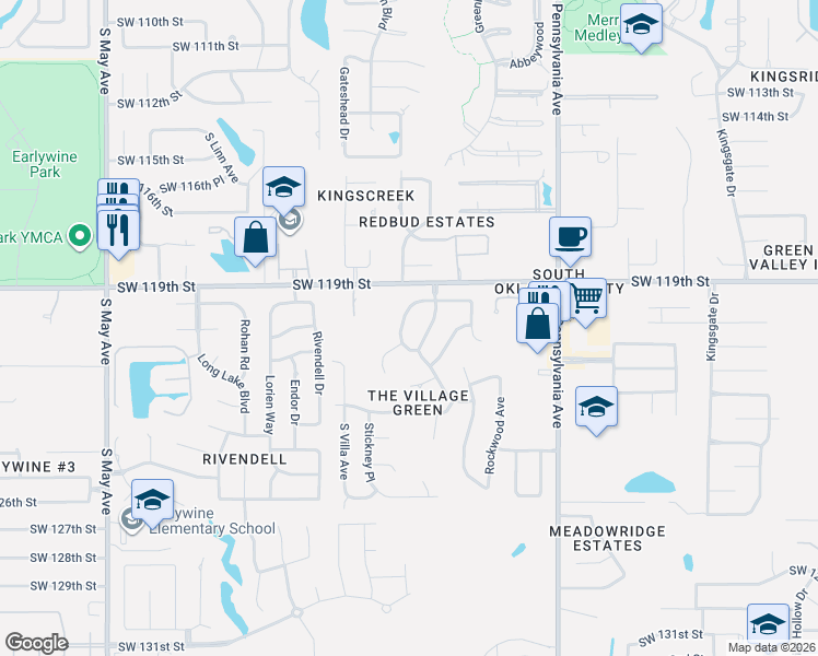map of restaurants, bars, coffee shops, grocery stores, and more near 12113 South Wentworth Place in Oklahoma City