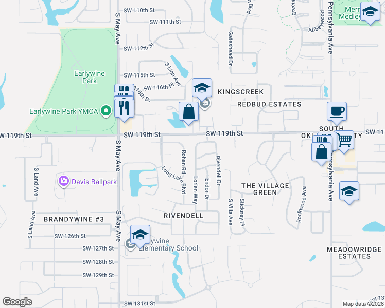 map of restaurants, bars, coffee shops, grocery stores, and more near 2513 Southwest 120th Street in Oklahoma City