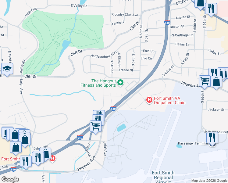 map of restaurants, bars, coffee shops, grocery stores, and more near 4 Brookshire Court in Fort Smith