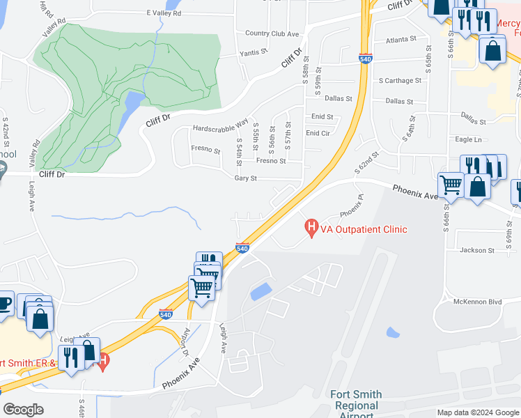 map of restaurants, bars, coffee shops, grocery stores, and more near 6 Cambridge Court in Fort Smith