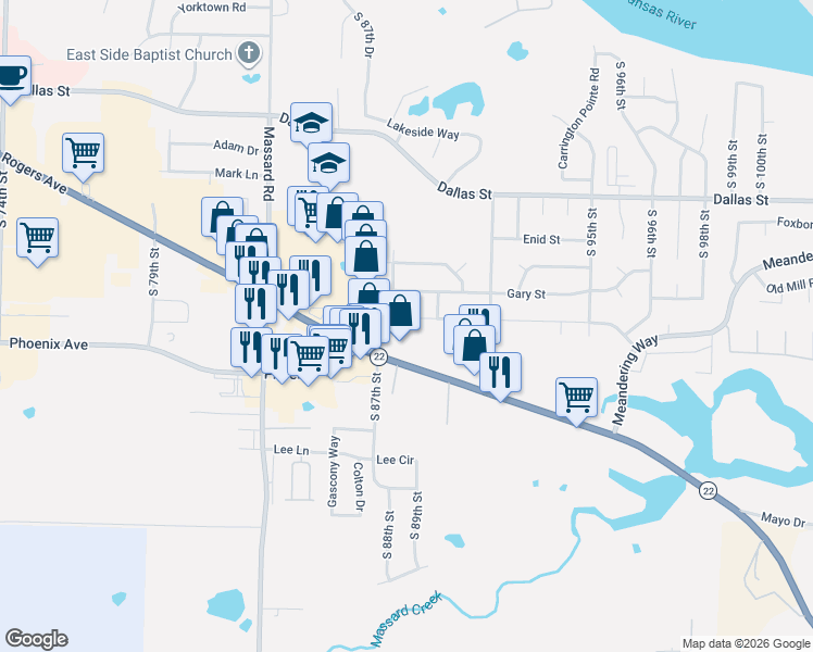 map of restaurants, bars, coffee shops, grocery stores, and more near 8816 South Houston Street in Fort Smith
