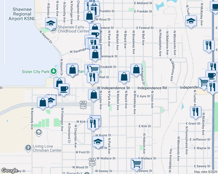 map of restaurants, bars, coffee shops, grocery stores, and more near 218 West Independence Street in Shawnee