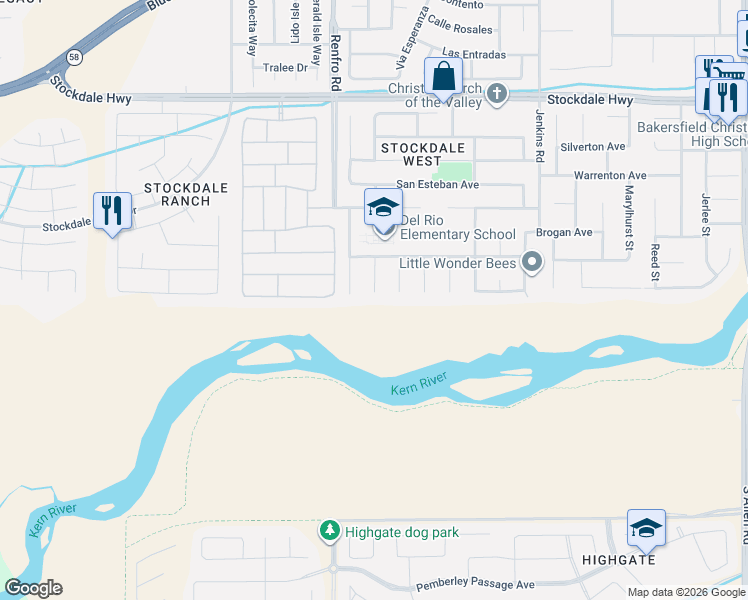 map of restaurants, bars, coffee shops, grocery stores, and more near 812 Quintana Drive in Bakersfield