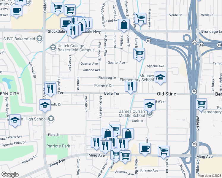 map of restaurants, bars, coffee shops, grocery stores, and more near 4424 Belle Terrace in Bakersfield