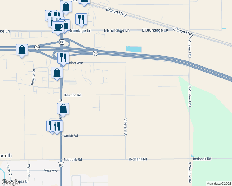 map of restaurants, bars, coffee shops, grocery stores, and more near 8857 Kerrnita Road in Bakersfield