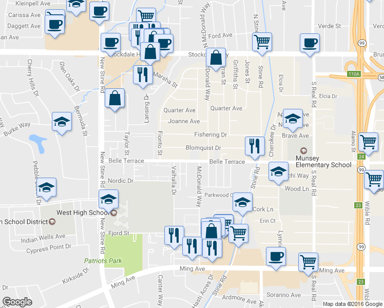 map of restaurants, bars, coffee shops, grocery stores, and more near 4425 Blomquist Drive in Bakersfield