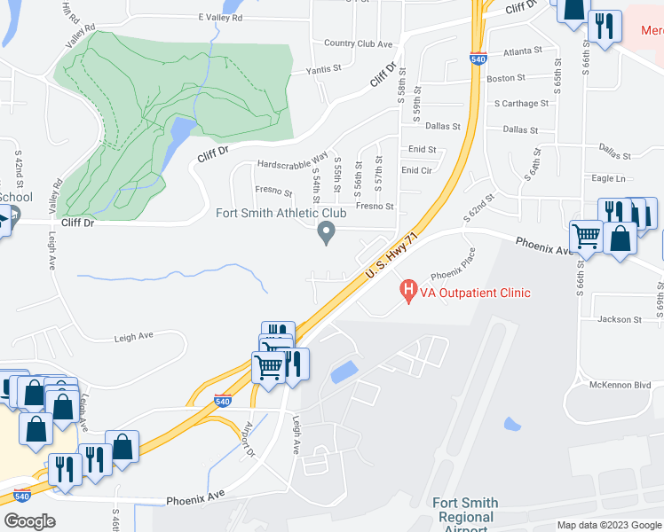 map of restaurants, bars, coffee shops, grocery stores, and more near 7 Brookshire Court in Fort Smith