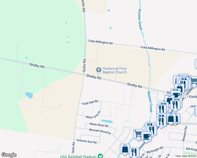 map of restaurants, bars, coffee shops, grocery stores, and more near 4284 Shelby Road in Millington