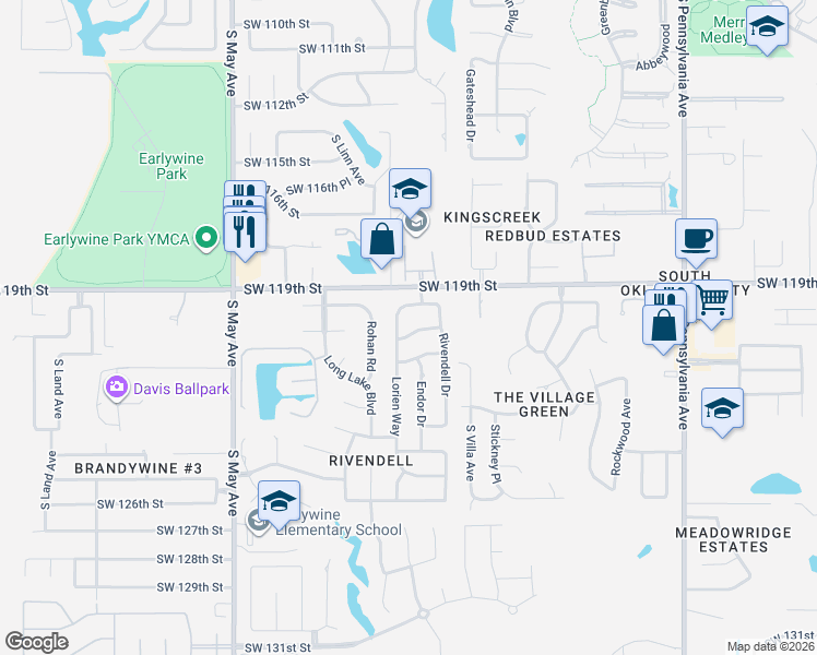 map of restaurants, bars, coffee shops, grocery stores, and more near 2513 Southwest 120th Street in Oklahoma City