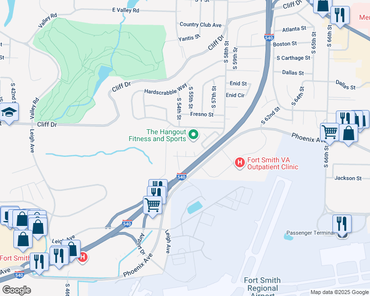 map of restaurants, bars, coffee shops, grocery stores, and more near 5 Brookshire Court in Fort Smith