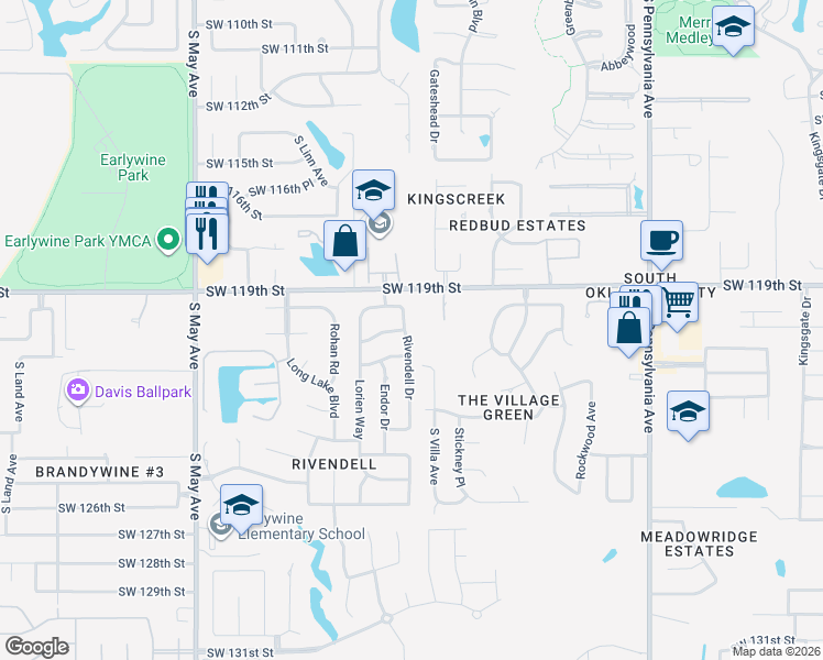 map of restaurants, bars, coffee shops, grocery stores, and more near 12012 Rivendell Drive in Oklahoma City
