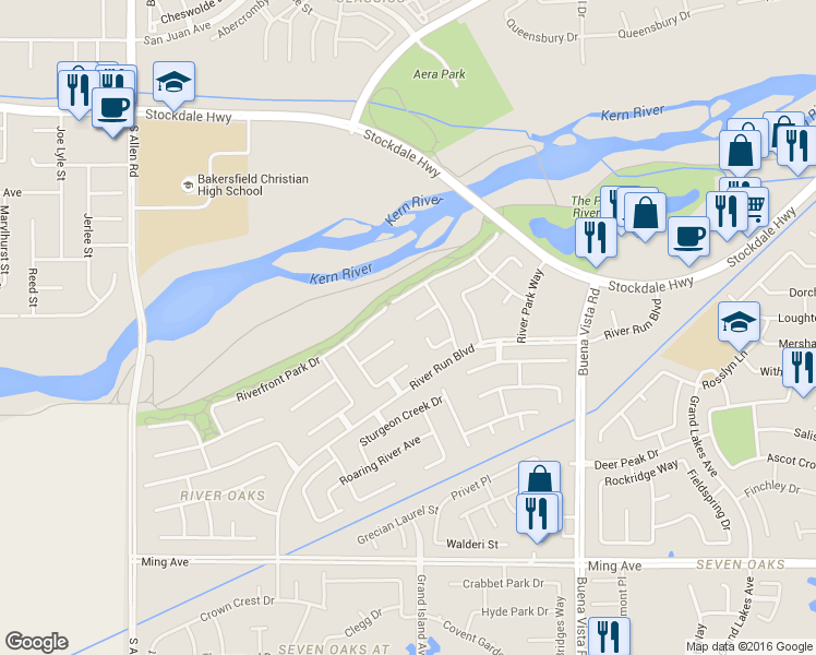 map of restaurants, bars, coffee shops, grocery stores, and more near 11824 Manning Park Court in Bakersfield
