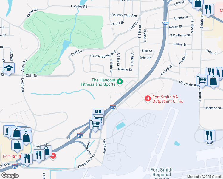map of restaurants, bars, coffee shops, grocery stores, and more near 7 Amberwood Court in Fort Smith