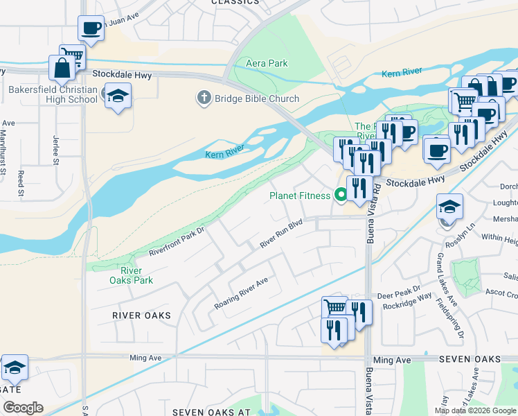map of restaurants, bars, coffee shops, grocery stores, and more near 11824 Manning Park Court in Bakersfield
