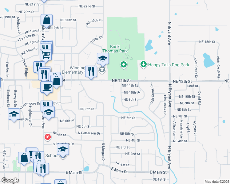 map of restaurants, bars, coffee shops, grocery stores, and more near 1104 Summer Hill Drive in Moore
