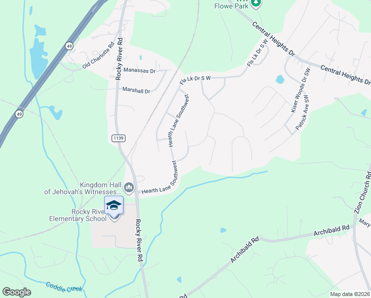 map of restaurants, bars, coffee shops, grocery stores, and more near 5217 Firebrick Lane Southwest in Concord