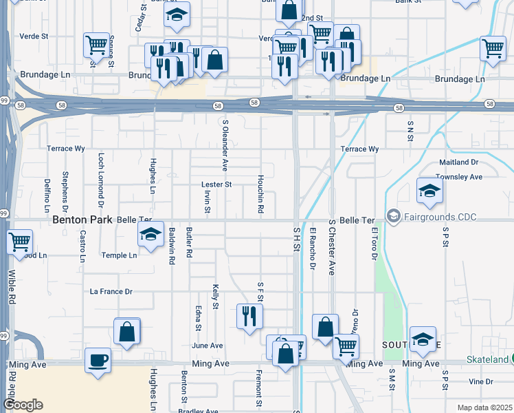 map of restaurants, bars, coffee shops, grocery stores, and more near 811 Houchin Road in Bakersfield