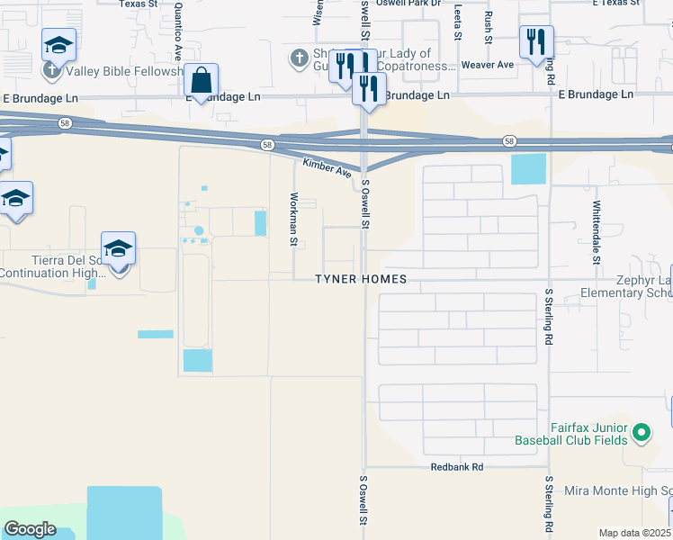 map of restaurants, bars, coffee shops, grocery stores, and more near 4701 Montaro Court in Bakersfield