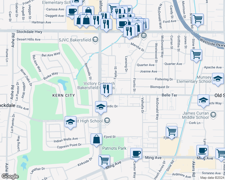 map of restaurants, bars, coffee shops, grocery stores, and more near 801 Taylor Street in Bakersfield