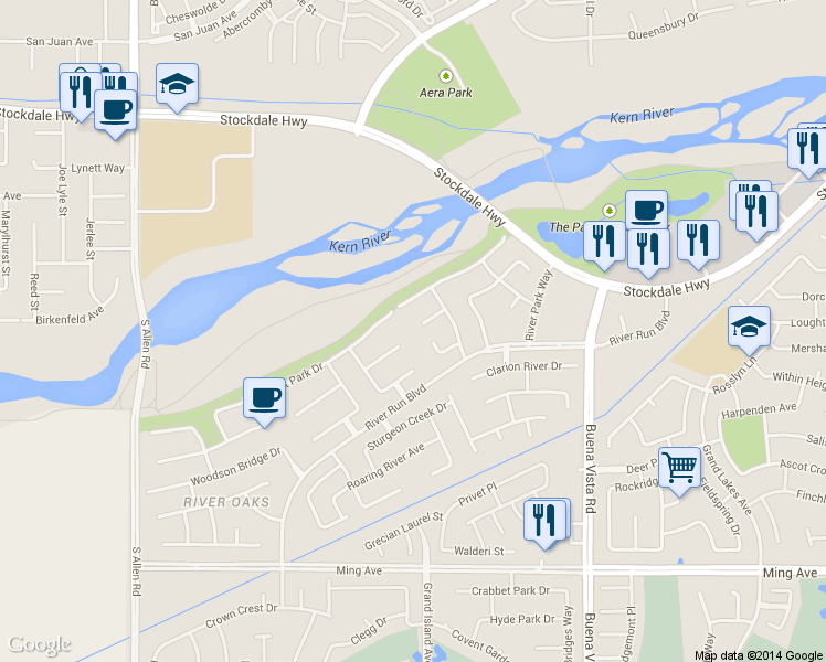 map of restaurants, bars, coffee shops, grocery stores, and more near 11824 Manning Park Court in Bakersfield