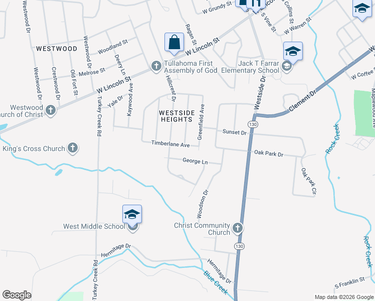 map of restaurants, bars, coffee shops, grocery stores, and more near 405 Timberlane Avenue in Tullahoma