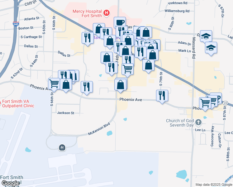 map of restaurants, bars, coffee shops, grocery stores, and more near 7111 Phoenix Avenue in Fort Smith
