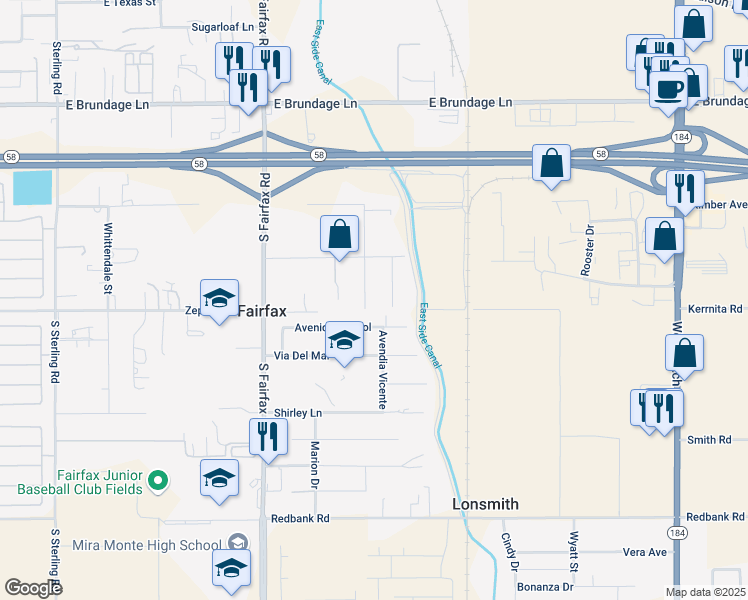 map of restaurants, bars, coffee shops, grocery stores, and more near 814 Mission Street in Bakersfield