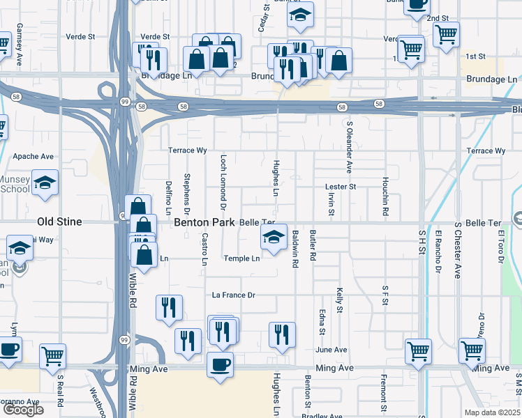 map of restaurants, bars, coffee shops, grocery stores, and more near 2517 Urbano Drive in Bakersfield