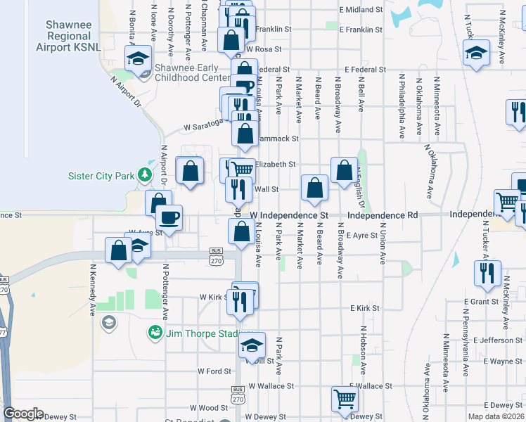 map of restaurants, bars, coffee shops, grocery stores, and more near 324 West Independence Street in Shawnee
