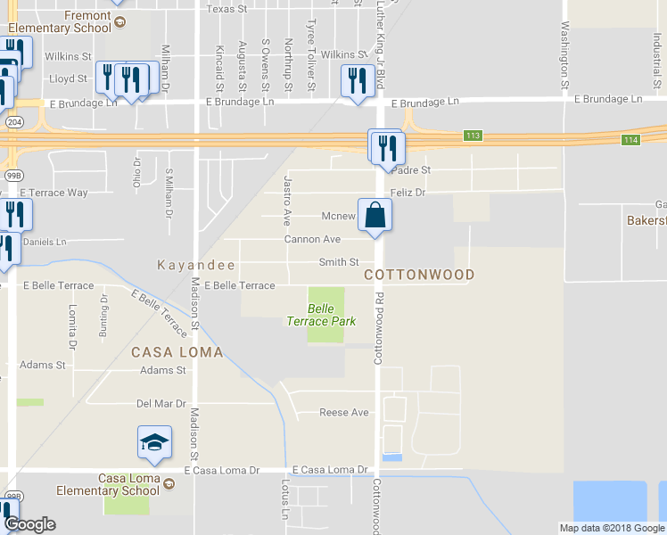 map of restaurants, bars, coffee shops, grocery stores, and more near 1201 Smith Street in Bakersfield