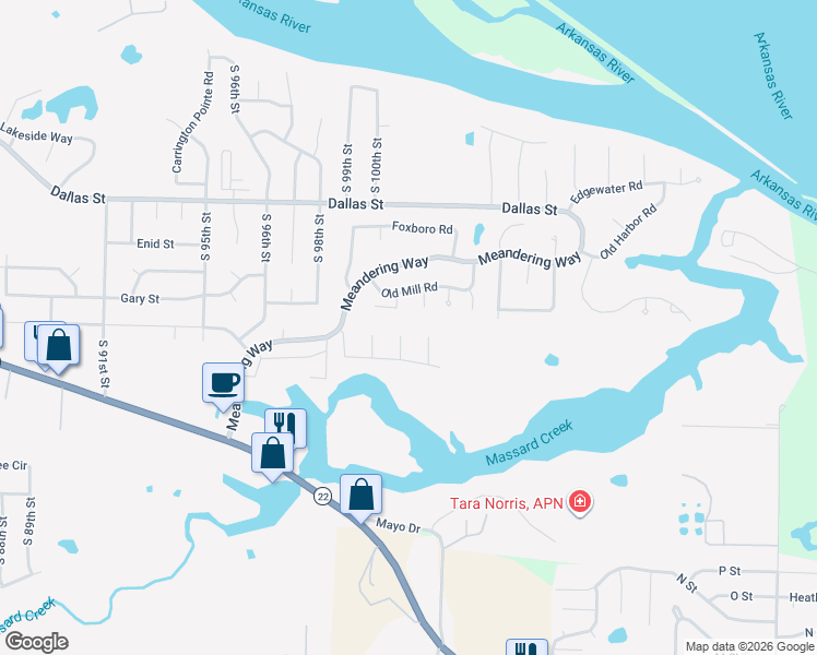 map of restaurants, bars, coffee shops, grocery stores, and more near 3713 Bayside Circle in Fort Smith