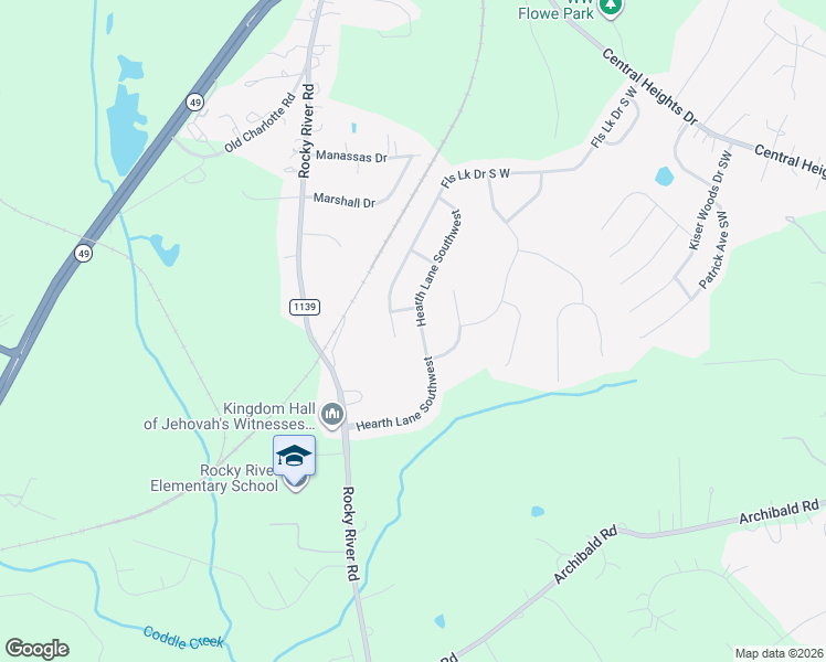 map of restaurants, bars, coffee shops, grocery stores, and more near 5165 Rocky River Road in Concord