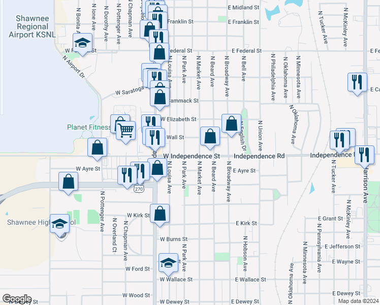 map of restaurants, bars, coffee shops, grocery stores, and more near 218 West Independence Street in Shawnee