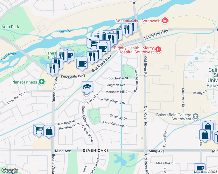 map of restaurants, bars, coffee shops, grocery stores, and more near 10517 Loughton Avenue in Bakersfield
