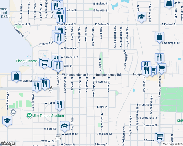 map of restaurants, bars, coffee shops, grocery stores, and more near 1502 North Broadway Avenue in Shawnee