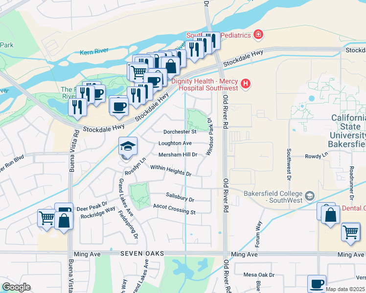map of restaurants, bars, coffee shops, grocery stores, and more near 10403 Loughton Avenue in Bakersfield