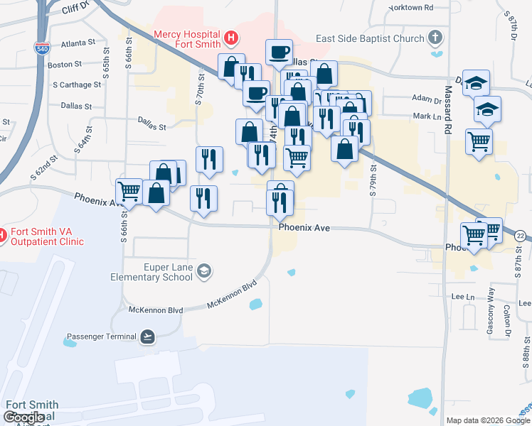 map of restaurants, bars, coffee shops, grocery stores, and more near 7111 Phoenix Avenue in Fort Smith