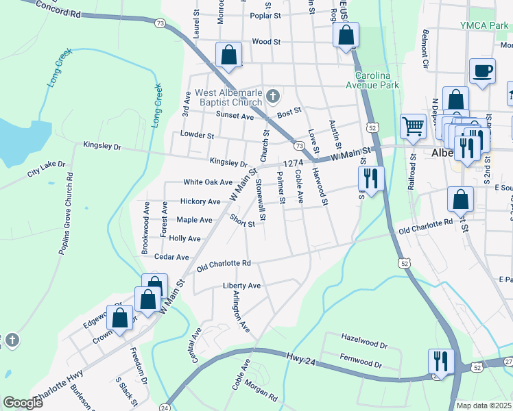 map of restaurants, bars, coffee shops, grocery stores, and more near 300 Stonewall St in Albemarle