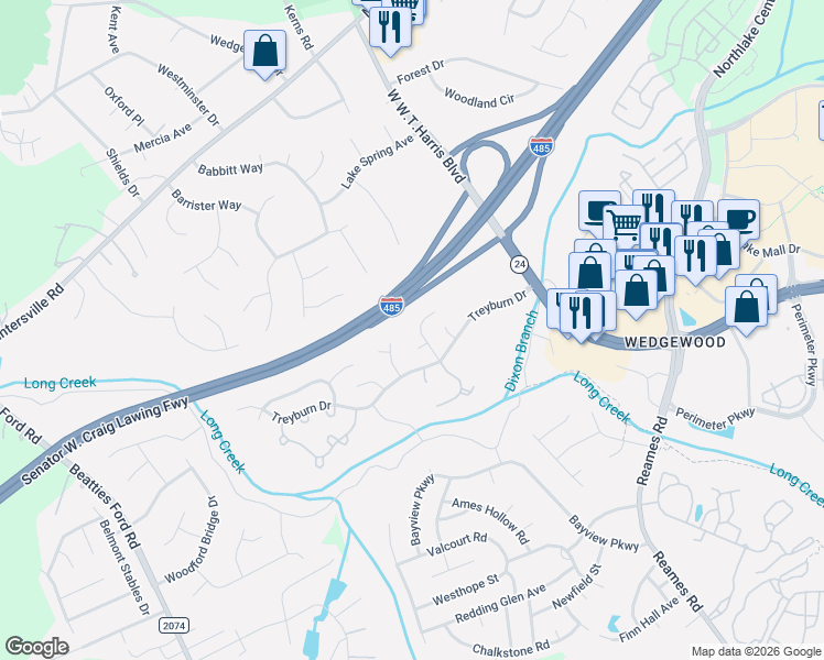 map of restaurants, bars, coffee shops, grocery stores, and more near 9201 Rotherham Lane in Charlotte