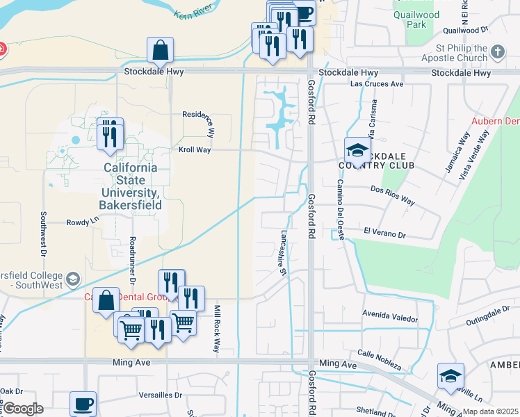 map of restaurants, bars, coffee shops, grocery stores, and more near 8220 Chaucer Street in Bakersfield