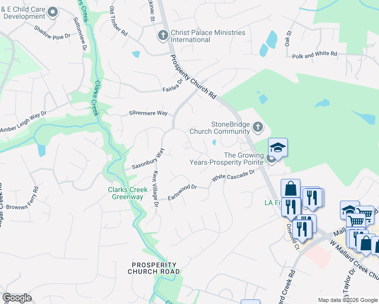 map of restaurants, bars, coffee shops, grocery stores, and more near 9810 Dusty Cedar Court in Charlotte