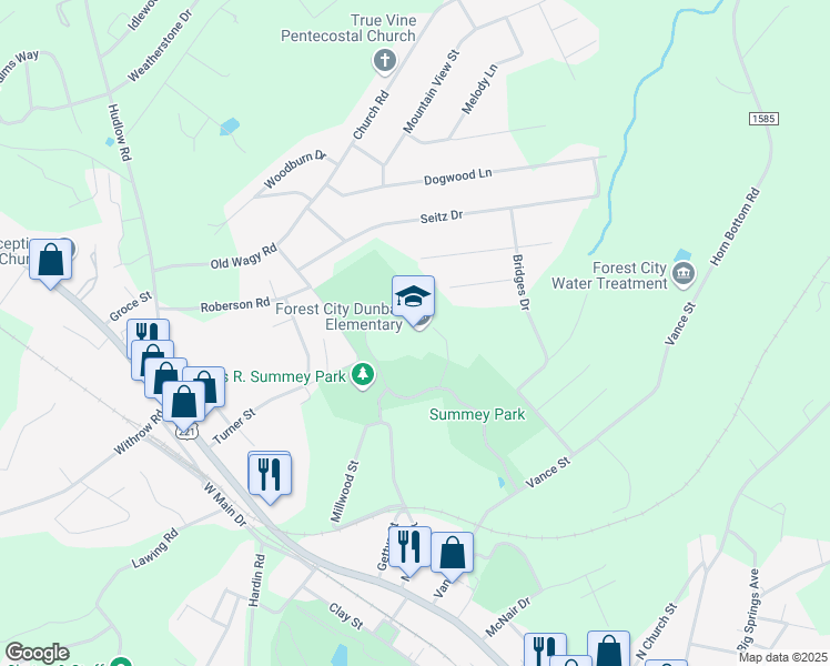 map of restaurants, bars, coffee shops, grocery stores, and more near 286 Learning Parkway in Forest City