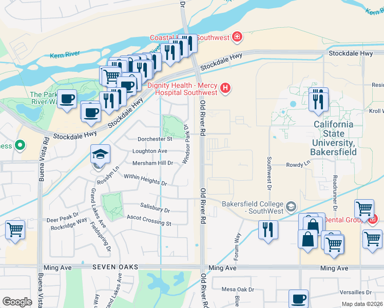 map of restaurants, bars, coffee shops, grocery stores, and more near 802 Windsor Park Drive in Bakersfield