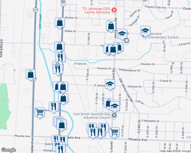 map of restaurants, bars, coffee shops, grocery stores, and more near 1714 Independence Street in Fort Smith