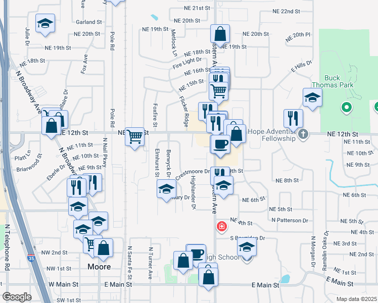 map of restaurants, bars, coffee shops, grocery stores, and more near 1205 Parkwood Court in Moore